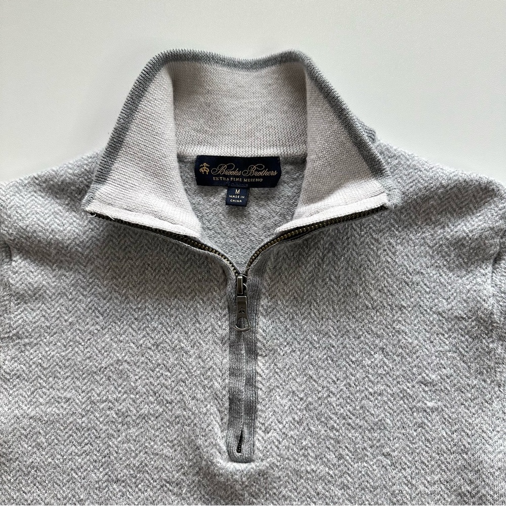 Brooks Brothers Men Grey Size Medium Merino Wool 1/4 Zip Herringbone Sweater - Picture 6 of 14